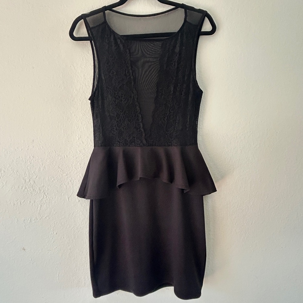 Foreign Exchange Black Lace Sheer Mesh Peplum Mini Dress Large S3D1112S23